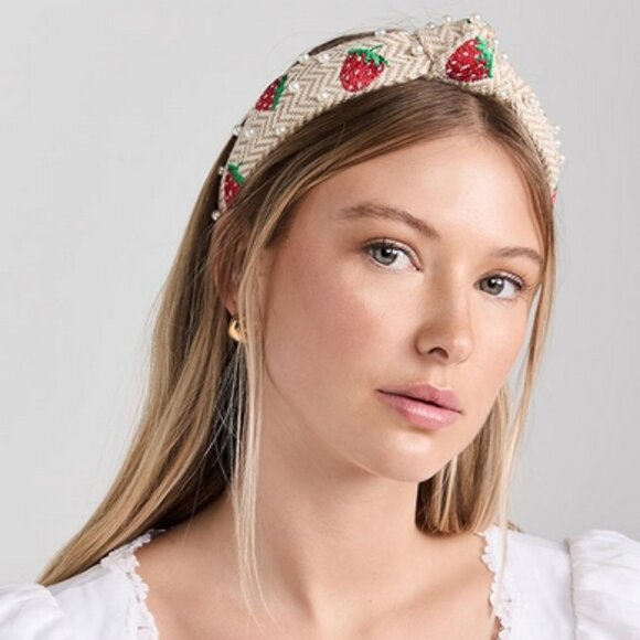 Lele Sadoughi Strawberry Slim Knotted Headband Faux Pearls Chevron Knit NWT